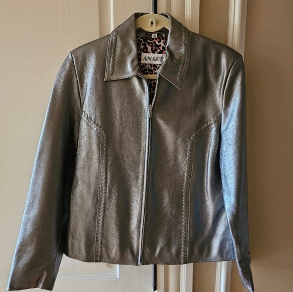 ANANGE Silver Leather Jacket Whip Stitch Pockets Size Medium
